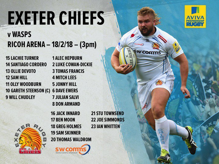 📢- TEAM NEWS: Here is the <a href="/ExeterChiefs/">Exeter Chiefs</a> side to face <a href="/WaspsRugby/">Wasps Rugby</a> in Sunday's <a href="/premrugby/">PREM Rugby</a> clash at the Ricoh Arena (3pm) ⬇️

exeterchiefs.co.uk/news/chiefs-si…