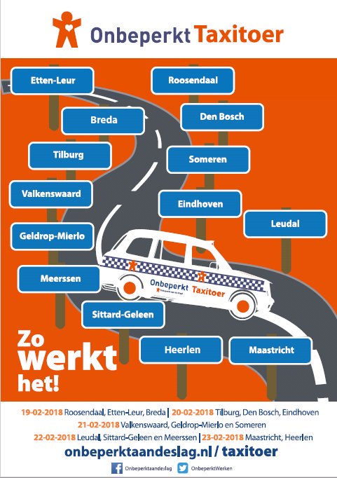 micheledevries's tweet photo. Woon je in Noord-Brabant of Limburg en ben je een werkzoekende met een extra uitdaging, kom dan naar één van de Onbeperkt TaxiToer stops in de week van 19 februari tot 23 februari. Kijk op https://t.co/iKuwxKkjgG voor meer informatie. @TomTacken @BNDeStem @omroepbrabant https://t.co/9N8u78BkCE