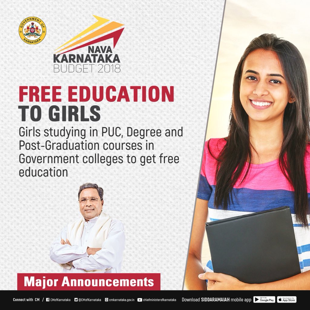 CMofKarnataka's tweet photo. In a major thrust to higher education for girls, GoK will provide free education to girls studying in PUC, degree &amp;PG courses in govt colleges, with a budgetary allocation of Rs. 95 cr for 2018-19. 3.7 lakh girl students to benefit. #NavaKarnatakaBudget2018 #NavaKarnatakaNirmana https://t.co/zBt9fTWaVd