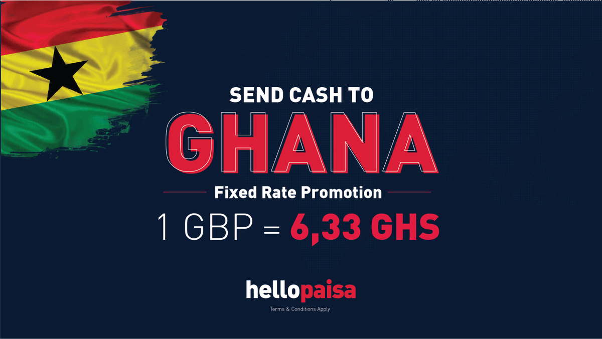hellopaisaUK's tweet photo. One day fixed rate to Ghana. Visit https://t.co/vqA9Nz5WXB to send cash NOW. https://t.co/bfcqOJGYB1