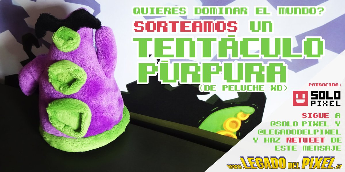 ¿Quieres dominar el mundo? Participa en nuestro sorteo! SIGUE nuestra cuenta de twitter y también la de nuestros compañeros de @Solo_Pixel y haz RETWEET de este mensaje. ¡Podrás ganar este magnífico Tentáculo Púrpura! Bases en nuestra web, sin gastos de envío!