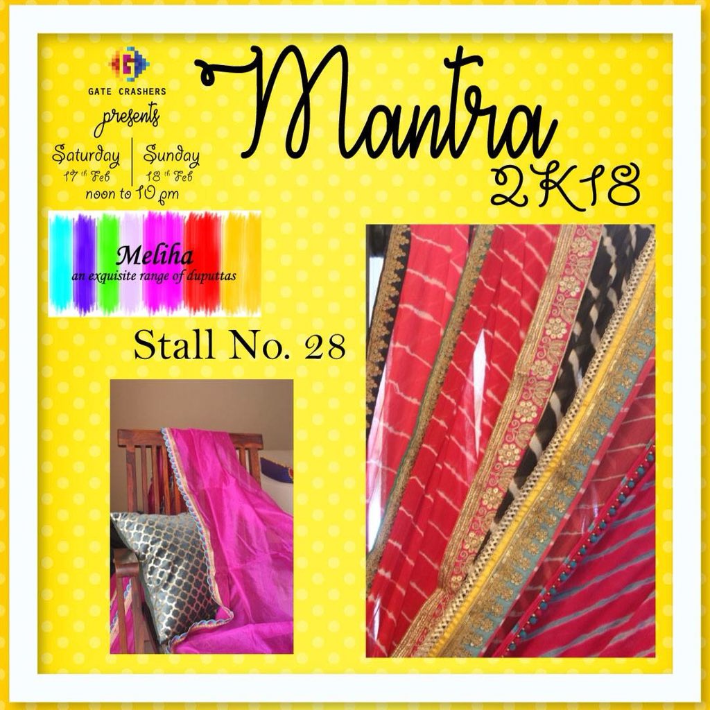gatecrashers101's tweet photo. Meliha at Stall no. 28 is offering a colourful range of dupattas in batik, lehriya, chiffon and chanderi with vibrant prints and hues! Just the perfect touch of glamour and vibe!
Only at Mantra 2K18
17th &amp; 18th of Feb
noon to 10pm
The Turf Banquets, Mahalaxmi Racecourse https://t.co/FEeQThbqEQ