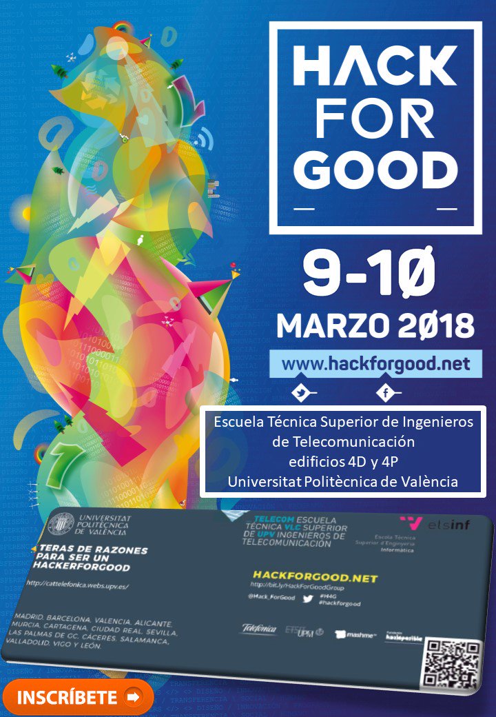 etsinfupv's tweet photo. 2️⃣️0️⃣️️ días para el inicio de #HackForGood 2018 🎯 NECESITAMOS TU TALENTO. 📎 APUNTA LA CITA e inscribe tu reto: 8⃣, 9⃣ y 🔟i de marzo 6ª edición de #H4G #Valencia en #TelecomVLC (edificios 4D y 4P) de la @UPV https://t.co/KoaOf4QK2F https://t.co/N5jjtHNgyY
