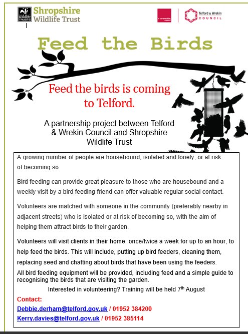HealthyTF's tweet photo. Interested in supporting isolated and lonely adults? Enjoy wildlife? Then perhaps you would like to become a Feed The Birds Volunteer - Our next training is 19th Feb, come and join us. Contact us for more information @AgeUK_STW @SaTHEngagement @HealthwatchT_W @Telford_IAPT https://t.co/UIYCdXmXZi