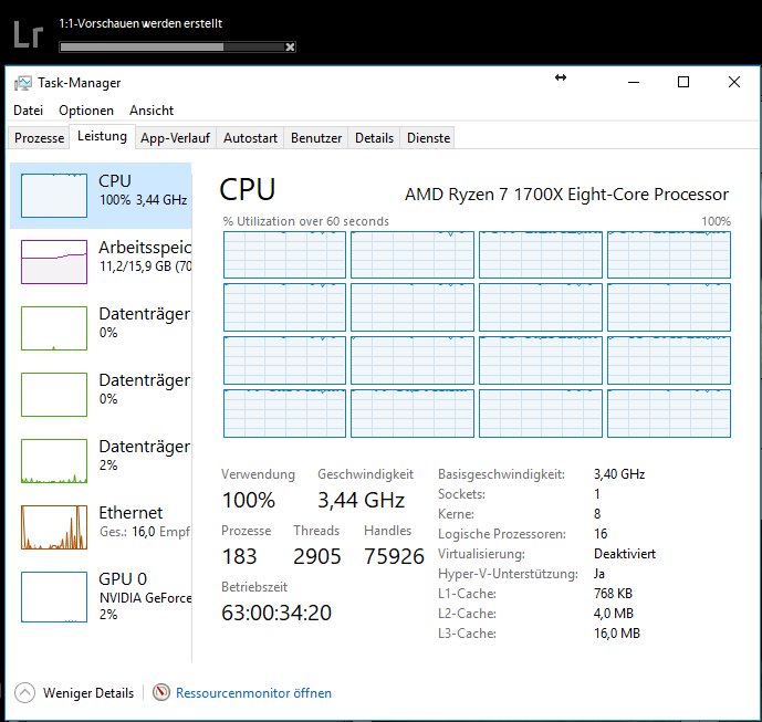 matthiassigmund's tweet photo. Endlich 100% CPU-Auslastung beim Importieren von Fotos über @Adobe #Lightroom Classic CC mit dem Update auf Version 7.2 auch bei @AMD #Ryzen! Danke, dass ihr die versprochene Performance-Optimierung ernst nehmt. https://t.co/WEfQWgCUN3