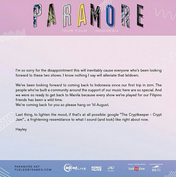 Hi all,

This is an official announcement in regards to Paramore Tour Four Jakarta 2018. We wil update you as soon as possible for refund process. Thank you for understanding. 🙏🏻