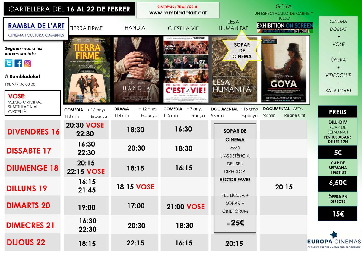 Rambladelart's tweet photo. A partir d'avui: TIERRA FIRME #premisgaudi2018 + HANDIA #premiosgoya2018 + C'EST LA VIE + LESA HUMANITAT (SOPAR DE CINE) + GOYA: UN ESPECTÁCULO DE CARNE Y HUESO #Exhibitiononscreen (Los grandes del arte en el cine). @xarxadelport @CambrilsTurisme @Cambrils_Diari @AsdeCambrils https://t.co/IBh9mg2qq8