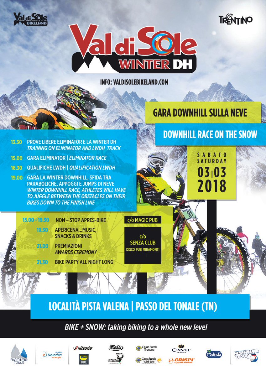 AptValdiSole's tweet photo. Ultimi posti disponibili per iscriversi a #LAWinterDH, l'evento #bike sulla #neve di #PontediLegnoTonale!
Non programmate impegni per sabato 3 marzo: il divertimento è assicurato!
https://t.co/9kTgdZBdjX https://t.co/Zq8iFOx5r5