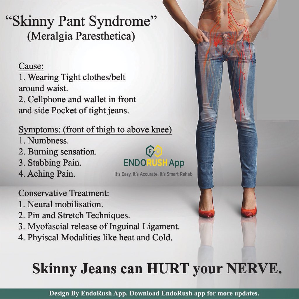 EndoRush App on X: Skinny jeans syndrome is a common condition where  individuals experience pain from the front of the thigh to above knee.  Consult a physiotherapist for conservative treatment. #fisioterapia  #PhysicalTherapy #