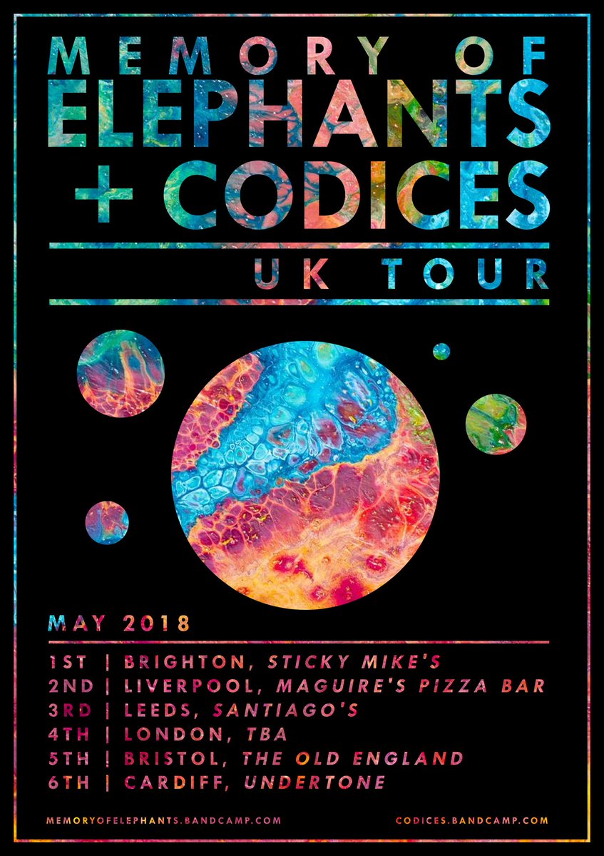 CodicesMusic's tweet photo. We're off on tour again in May! We'll be heading to all of these beautiful places with the excellent @MoE_Band. SEE YOU DOWN THE FRONT.
#Tour #Codices #MemoryOfElephants #TourThousandAndEighteen https://t.co/AVKunlKV5p