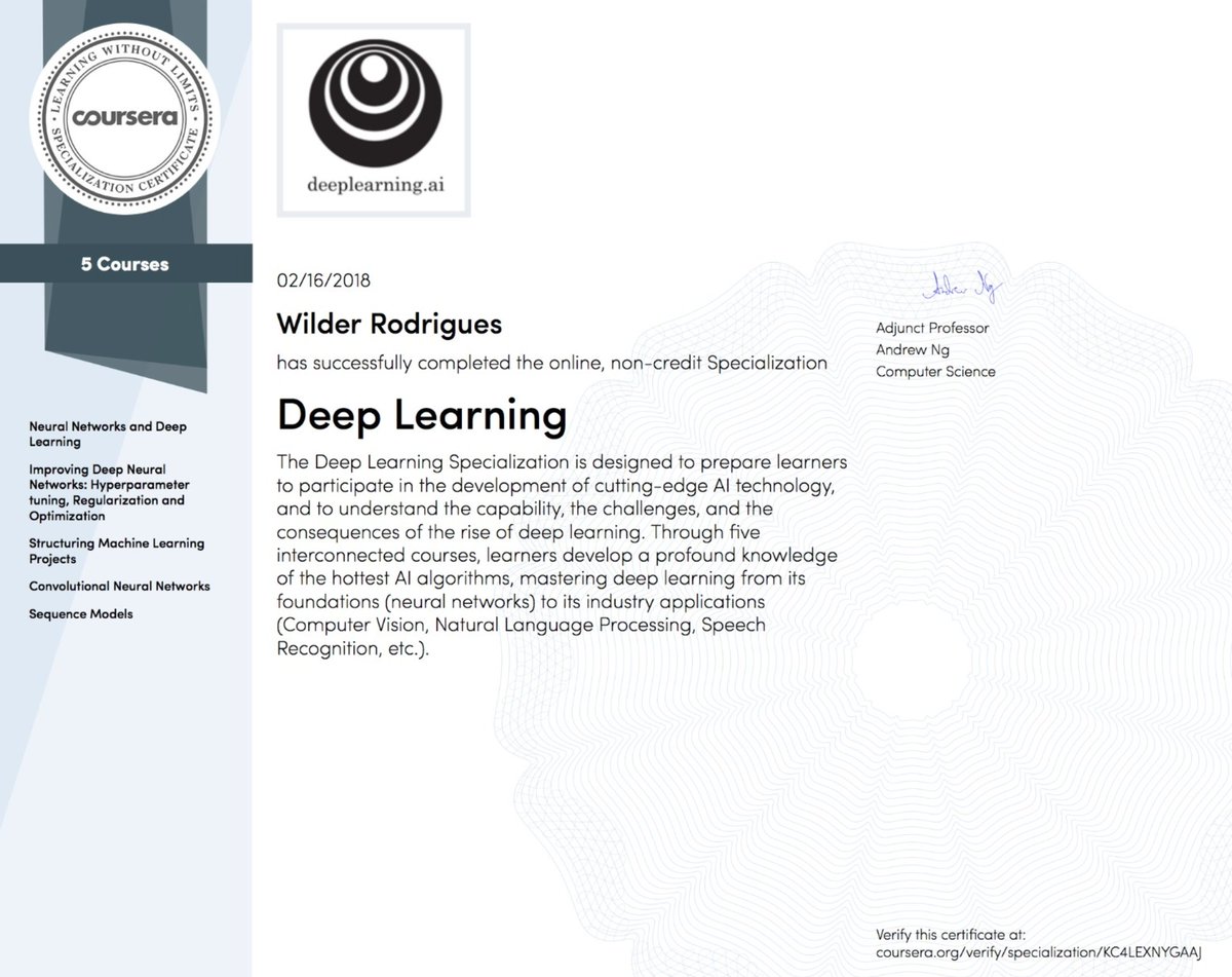 I'm immensely thankful with the marvellous work done by <a href="/AndrewYNg/">Andrew Ng</a> and his team on the #DL Specialisation. I completed it today and am very proud of this achievement. From Jan-17 to Feb-18 I have successfully complete 55 weeks of training on <a href="/coursera/">Coursera</a> and it changed my career.