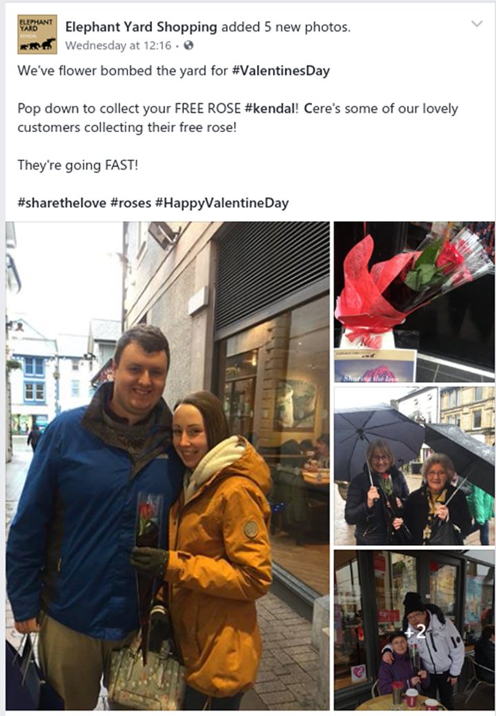 ellyyard123's tweet photo. @dannycmatthews Following on from your chat this morning about things companies have done for Valentines day I thought I'd share what 🐘 Elephant Yard Shopping in Kendal did for their lovely customers! #FlowerBomb 💐 #ShareTheLove ❤️ #FreeRoses 🌹 https://t.co/Uili07l87L
