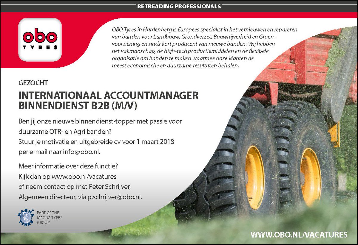 #vacature #obotyres #banden #vernieuwing

GEZOCHT: 2 Binnendienst-toppers met passie voor duurzame OTR- en Agri banden. Meer info: obo.nl/internationaal…