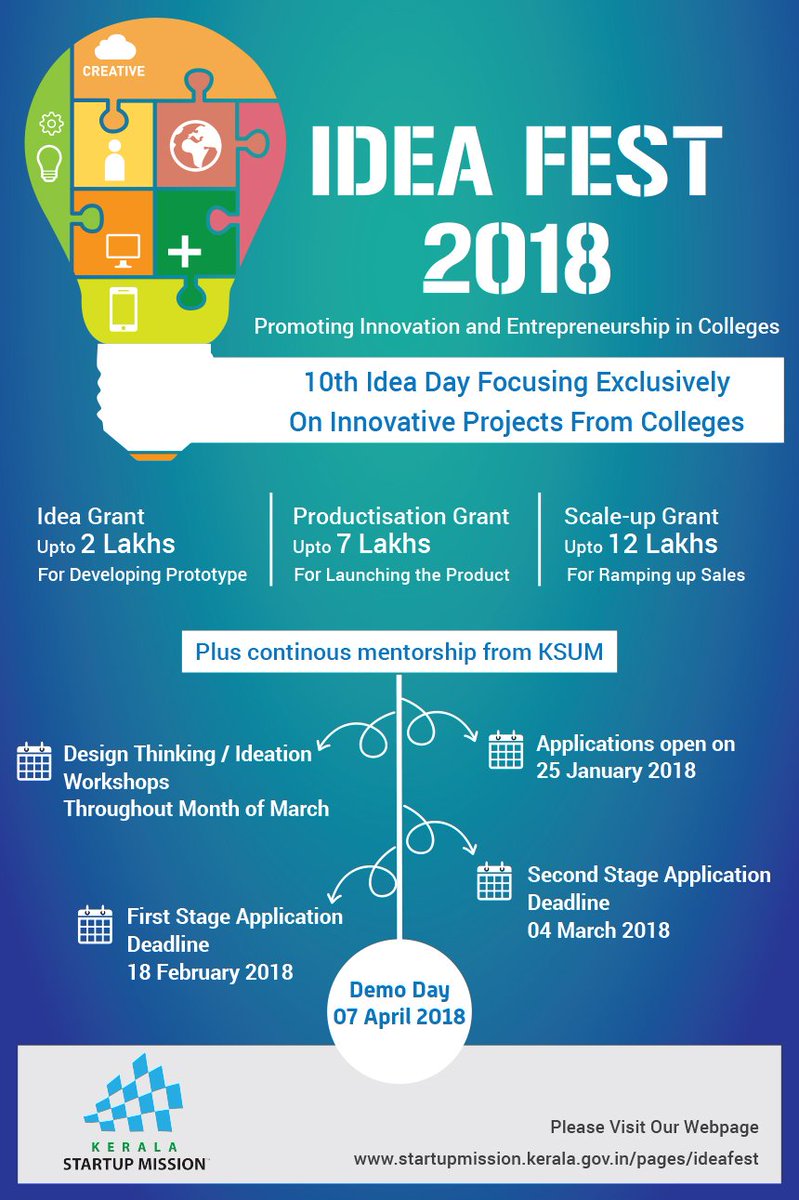 startup_mission's tweet image. Apply for #IdeaFest, which is the 10th #IdeaDay organised by #KSUM. This edition will be focused on innovations from colleges in #Kerala. Please share with student innovators. #StartupIndia #HeretoCreate