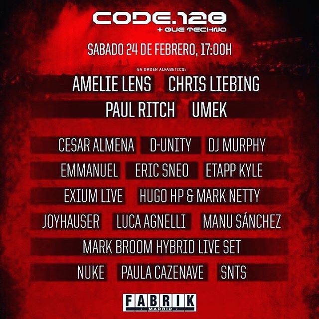 paulacazenave's tweet photo. Looking forward to this. 🔥 24th FEB @fabrikmadrid #code128 #codefabrik #techno https://t.co/o87iEU0s9S https://t.co/yckvmGB2li