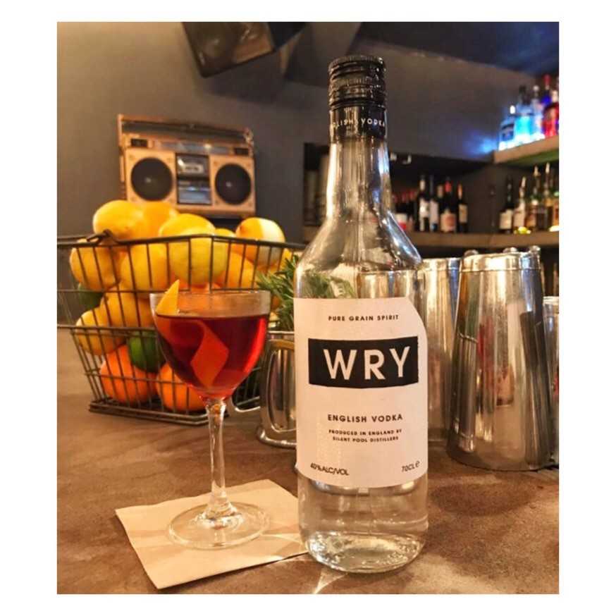This tasty #whywry challenge at <a href="/graphicbar/">Graphic Bar</a> is made with English Wry, rhubarb, maraschino and Branca Menta 🥃🍋