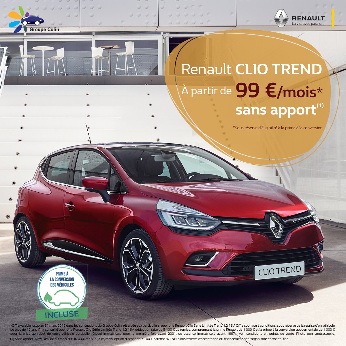 GroupeColin's tweet photo. Une Clio Trend à 99€/mois ? C'est possible et c'est en ce moment dans les concessions du @GroupeColin 🙂 Rendez-vous en concession dès maintenant pour en bénéficier. https://t.co/eBe9Wgykv3