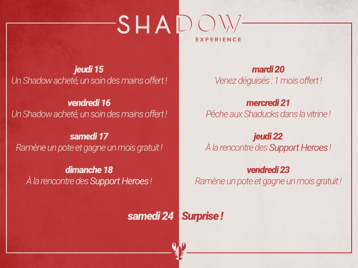 Petit rappel du planning pour les jours à venir 💡
Profitez de votre week-end pour venir nous faire un petit coucou !
On a hâte de rencontrer tous les membres ou potentiels membres de la #TeamShadow 💪
Rendez-vous au 12 rue de la ferronnerie à Paris !