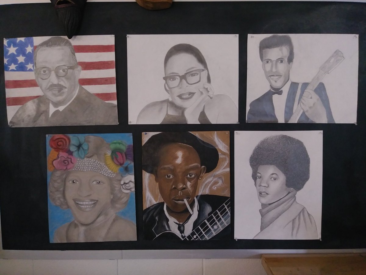 artbratt's tweet photo. Celebrating Black History Month in my artroom. Here are just a few of the student portraits. Recognize any of these influential people?  #cobbartrocks #believeyoucan #engagecobb #BlackHistoryMonth #SouthSidePLC https://t.co/TBfZAAuh1b