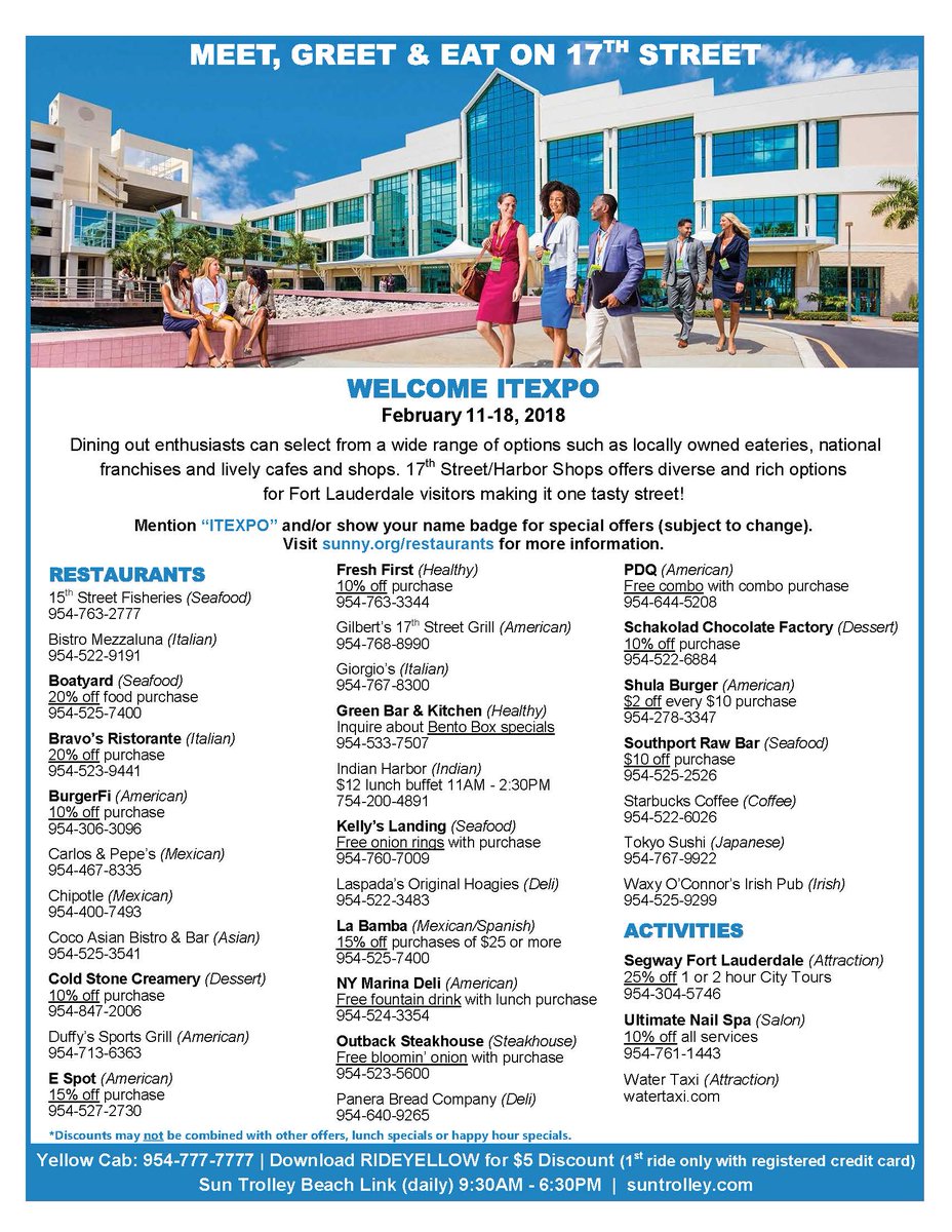 MEET, GREET &amp; EAT ON 17TH STREET! Welcome to Sunny Florida, <a href="/ITEXPO/">ITEXPO | February 10-12, 2026</a> attendees! We're offering you special steals and deals at various restaurants, all you have to do is mention ITEXPO or show your badge to receive a discount.  (Details in the image)!!