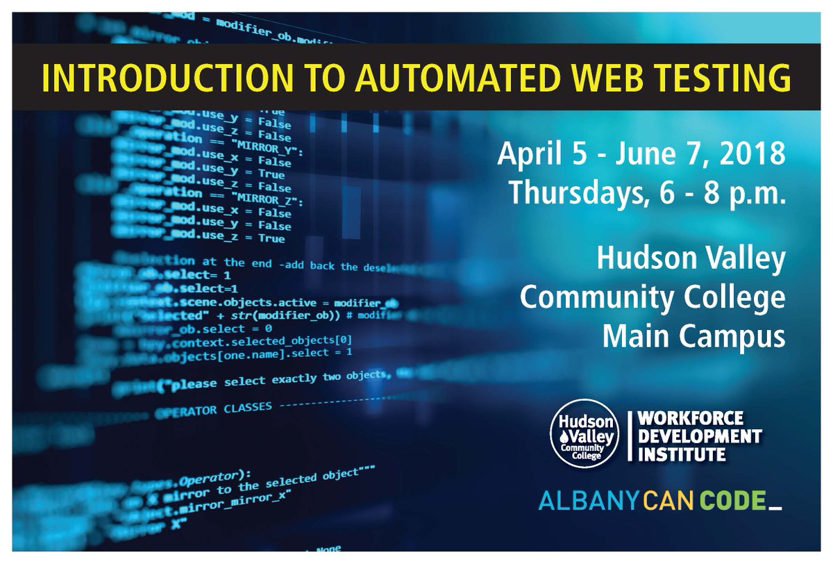 AlbanyCanCode's tweet image. We are now taking applications for our upcoming course &apos;Introduction to Automated Web Testing&apos; 4/5-6/7 (Thursdays, 6 - 8 p.m) @HudsonValleyCC Main Campus. More info here: albanycancode.org/for-students/c… #AlbanyCanCode #AutomatedWebTesting #ITCareers #Albany #TechValley 💻👩‍🏫