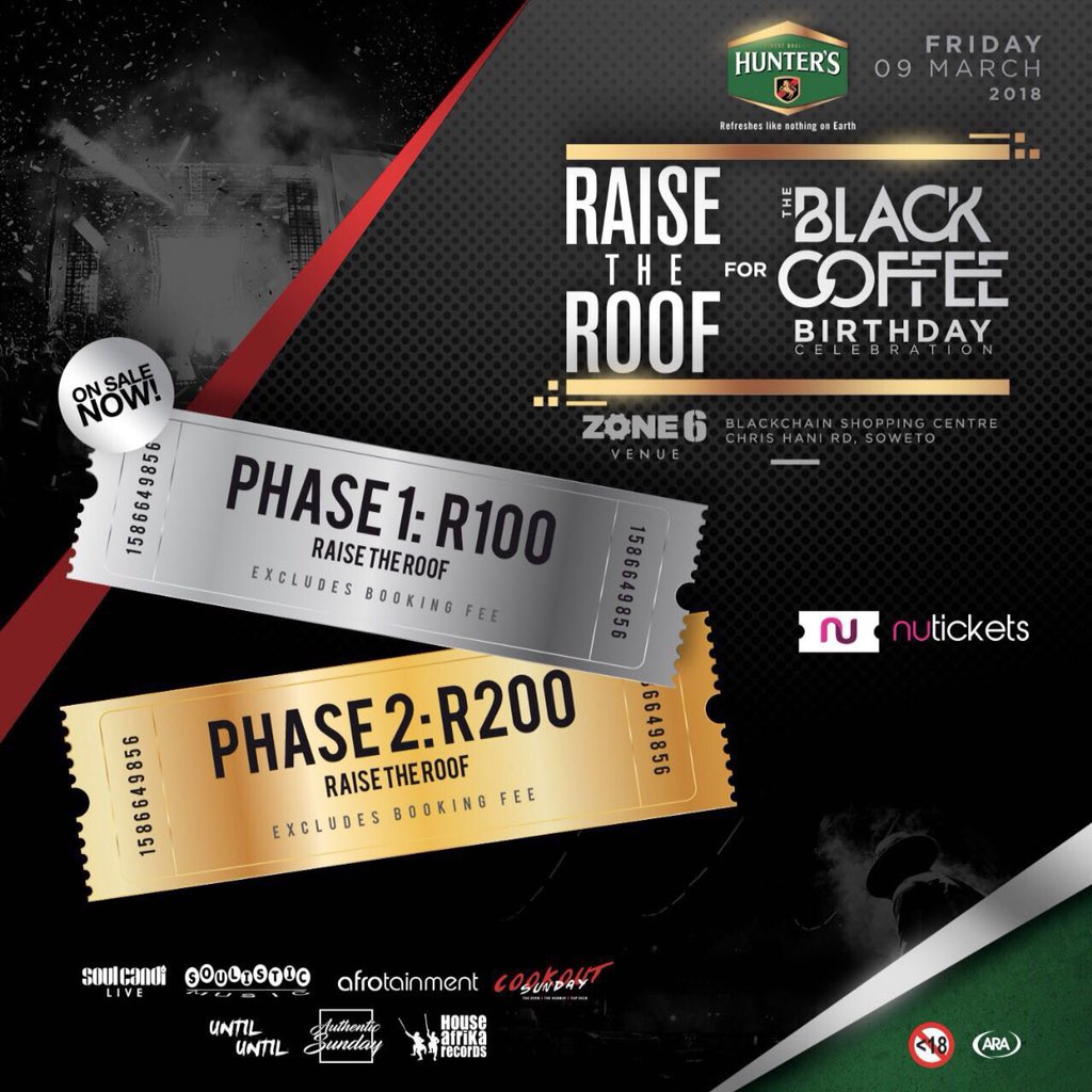 <a href="/RealBlackCoffee/">Black Coffee</a> BIRTHDAY CELEBRATION !!!! FRIDAY 9th MARCH #SaveTheDate !!!! <a href="/Zone6Venue/">Zone 6 Venue</a> Soweto, JHB !!! More details to follow 🚀🚀🚀 cc <a href="/DJTira/">Makoya Bearings</a> <a href="/SoulisticMusic/">Soulistic Music</a> <a href="/SoulCandi/">Soul Candi</a> <a href="/RaiseTheRoofSA/">#RTR2018</a> <a href="/house_afrika/">House Afrika Records</a> <a href="/AuthenticSunday/">Authentic Sundays</a> @cookoutsundayy <a href="/AfroTainmentSA/">Afrotainment</a>