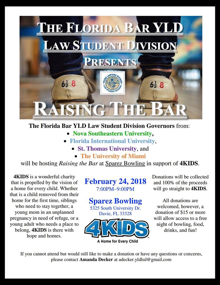 TheFlaBar's tweet image. The @FlaBarYLDLSD Governors from @NSULawCollege, @fiulaw, @StThomasLaw &amp;amp; @MiamiLawSchool are hosting the annual "Raising The Bar" community involvement and service event at @SpareZBowling Bowling in support of @4KIDSUS! 

Details on how to sign up/donate: eventbrite.com/e/raising-the-…