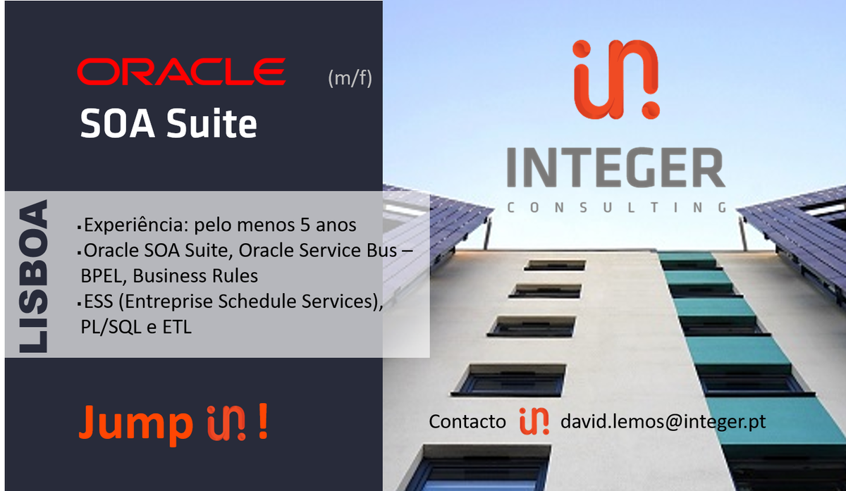 integer_consult's tweet photo. Hiring! Oracle soa suite, Lisboa, JUMP IN! david.lemos@integer.pt #integerconsulting #ITjob #Oracle #servicebus #bpel #ESS #sql #etl #lisboa #ITjobs https://t.co/TO0uLHSHdR