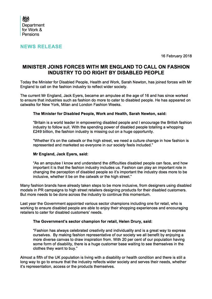 missenglandnews's tweet photo. MINISTER JOINS FORCES WITH MR ENGLAND TO CALL ON FASHION INDUSTRY TO DO RIGHT BY DISABLED PEOPLE

Today the Minister for Disabled People, Health and Work, Sarah Newton, has joined forces with Mr England to call on the fashion industry to reflect wider society.

#MrEngland https://t.co/OFLV6YAiwH