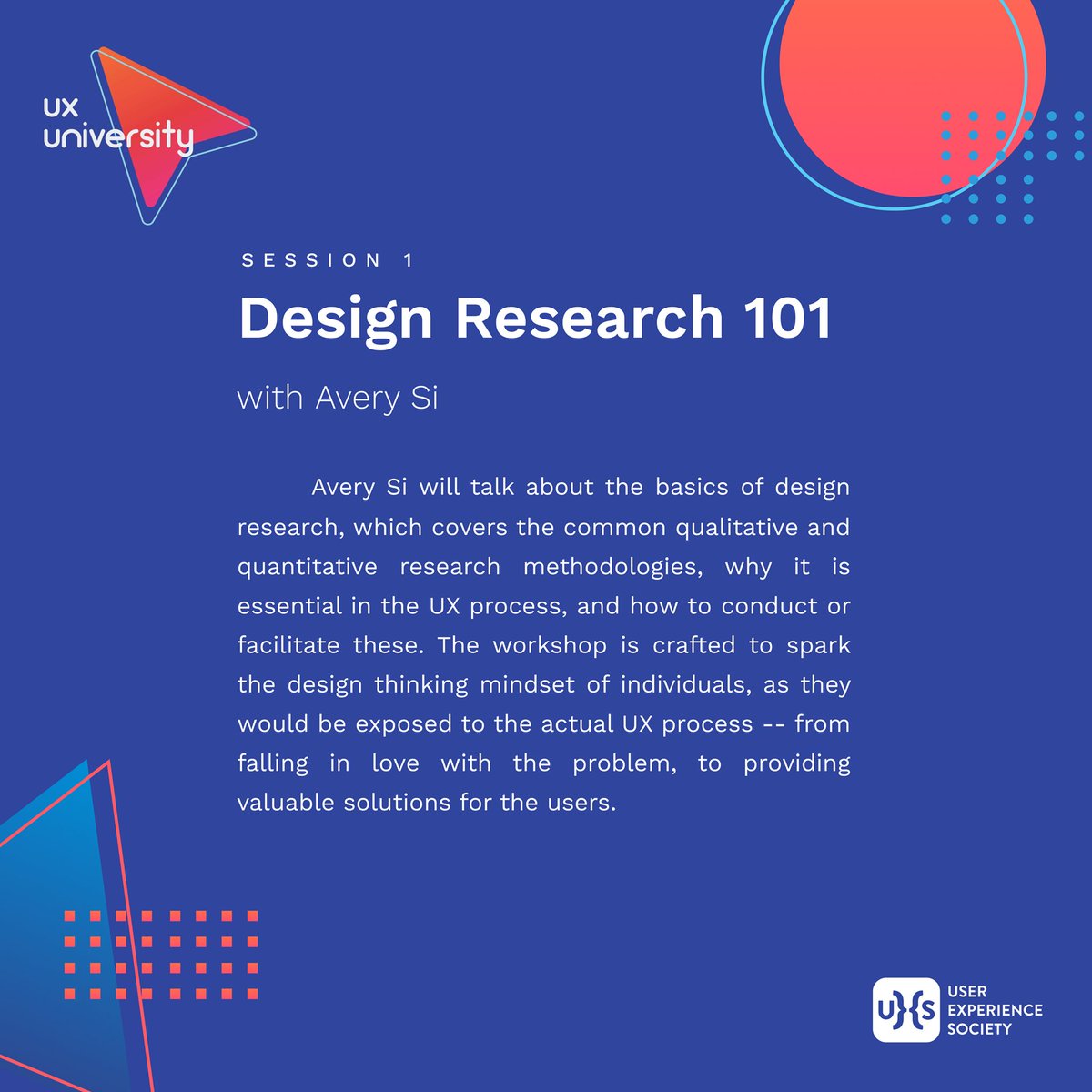 uxsocietyph's tweet photo. Avery Si will walk us through the basics of design research this Monday! Join us and make sure to click "Going" on our event page: https://t.co/tt0r4hp7mj 
For more details, check out https://t.co/8YDF9LB6HL. #UXUniversity #FirstClass https://t.co/z69bspdnQL