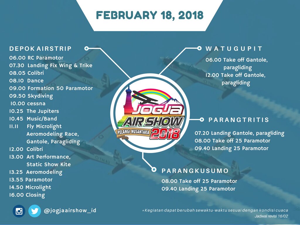 Rundown Day 2
Jogja Air Show 2018

#NontonJAS2018

*Jadwal dapat berubah sewaktu-waktu