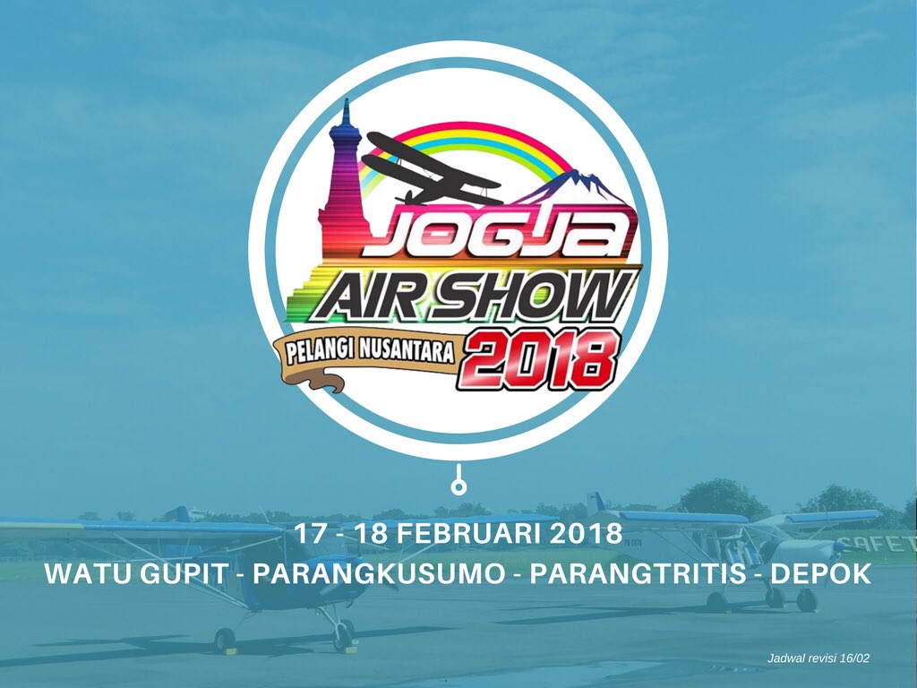 Seperti tahun-tahun sebelumnya Jogja Air Show 2018 ini akan berlangsung selama 2 hari yaitu pada tanggal 17-18 Februari 2018 di Watu Gupit, Parangkusumo, Parangtritis dan Depok.

#NontonJAS2018