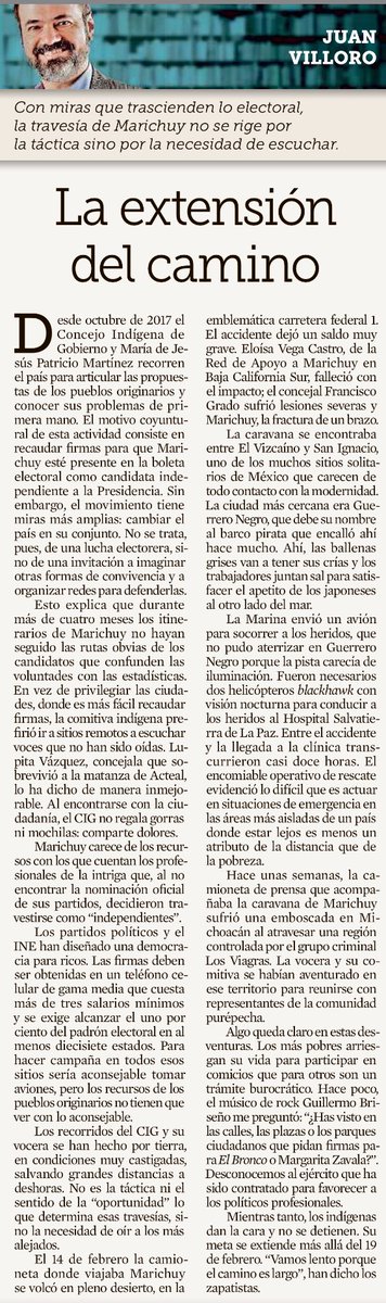 “La extensión del camino” 

Vamos lento porque el camino es largo

Marichuy la única con una travesía que trasciende lo electoral ...

[<a href="/JuanVilloro56/">Juan Villoro</a> vía <a href="/Reforma/">REFORMA</a>]