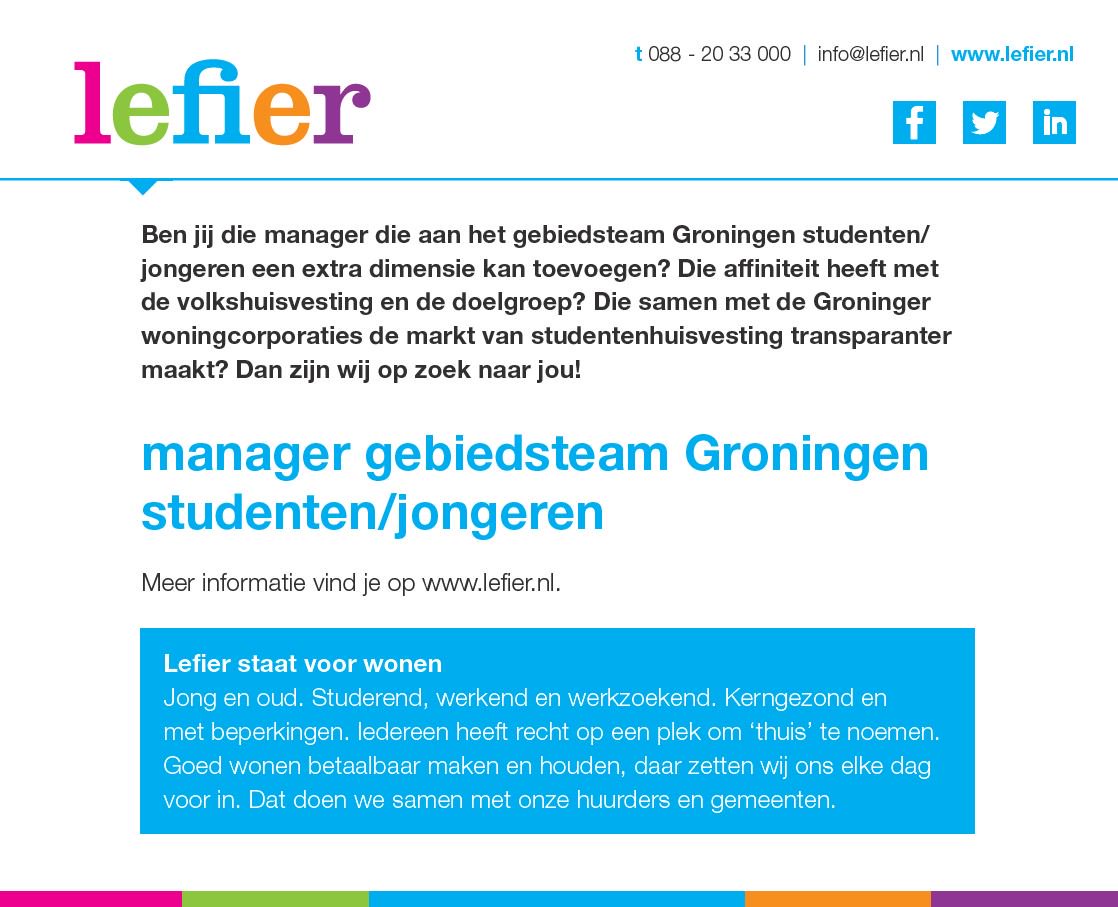 Voor het gebiedsteam Groningen studenten/jongeren zoeken wij een manager voor 36 uur per week. Interesse? Bekijk hier de volledige vacature: bit.ly/2sFStOH