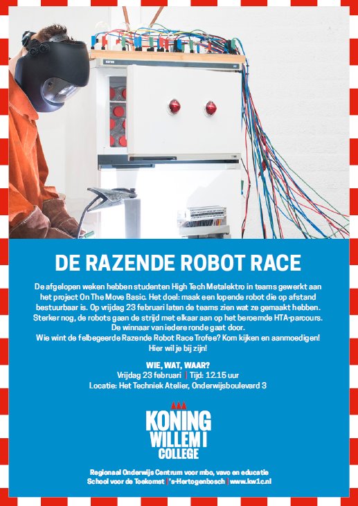 Vrijdag 23 februari laten teams bestaande uit #studenten #HighTechMetalektro hun lopende #robots zien, die ze op afstand besturen. Kom kijken en aanmoedigen om 12.15 uur in <a href="/TechniekAtelier/">Het Techniek Atelier</a> van <a href="/KW1C/">KW1C</a> op de locatie Onderwijsboulevard 3!