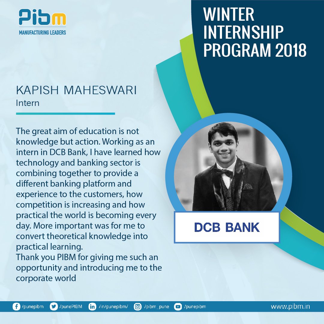 PunePIBM's tweet image. Learning is not accomplished by putting thoughts into a mind, but rather empowering minds to generate thoughts.

So here is Kapish Maheswari (Batch 2017-2019), sharing his learning experience while working as an Intern @DCBBank .

#WinterInternshipProgram #DCB #PIBM #PIBMPune