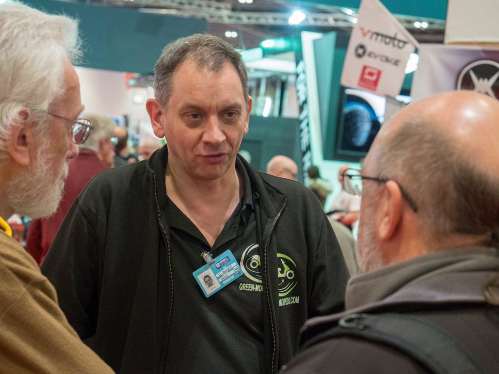 VmotoUK's tweet photo. Jeremy of @GreenMopeds explaining #electric at @MCNnews #londonmotorcycleshow - come see us on stand R660 😎 https://t.co/AYmu7NuVvD