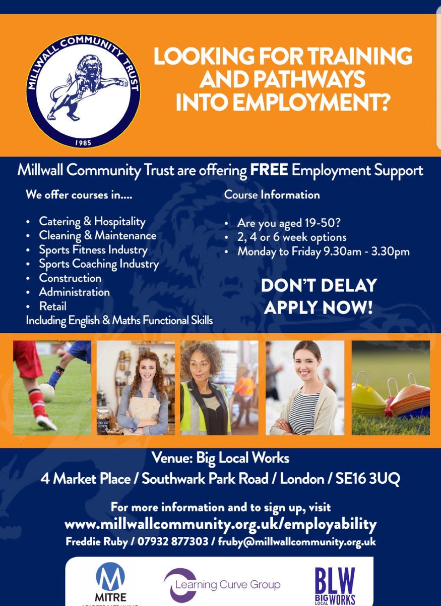#Millwall #Community Trust are running a new #employability programme commencing on the 26th February

Targeting those #unemployed, aged 19 -50+ 

See Poster for more information.

millwallcommunity.org.uk/employability

#London #Youth #jobs #catering #sports