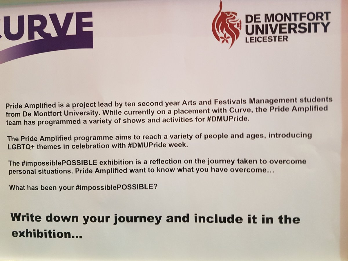 PrideAmplified's tweet photo. Check out our #impossiblePOSSIBLE exhibit! And YOU can get involved! Tweet us your #impossiblePOSSIBLE moment, and we can add it to the exhibit! #DMU #Curve #DMUPride #PrideAmplified https://t.co/AuL1D0Jaqe