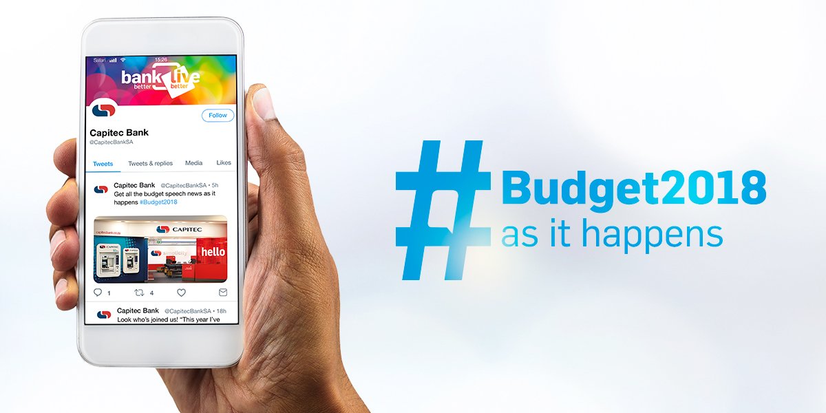 CapitecBankSA's tweet photo. RT to get all the #Budget2018 news as it happens on 21 February. We’ll be sharing the highlights as well as how it will impact you and your money. https://t.co/4rJcue9vlJ