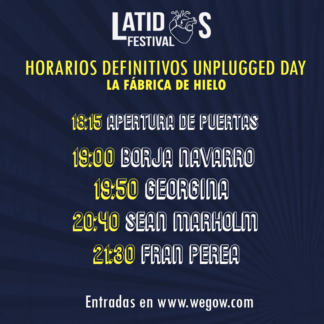 ⚠️HORARIOS DEFINITIVOS ⚠️
Esta tarde arrancamos...
a las 19:00 con <a href="/BorjaNavarroEs/">Borja Navarro</a> 
19:50 <a href="/georginamusica/">Georgina</a> 
20:40 <a href="/seanmarholm/">Sean Marholm</a> 
21:30 <a href="/frnperea/">Fran Perea 🇪🇸</a> 
Estás a tiempo de pillar tu entrada👉🏻bit.ly/2hO9JZG
y si te animas más tarde ¡tenemos entradas en taquilla!