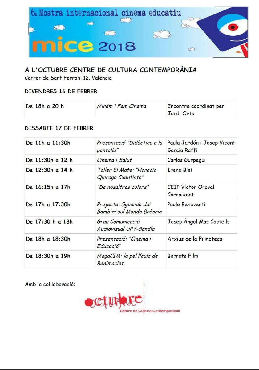 micefestival's tweet photo. DIA GRAN DE LA MICE VALÈNCIA
DISSABTE 17 I DIUMEGE 18 AL C.C. OCTUBRE
DISSABTE 17 VESPRADA A LAS NAVES
TALLERS DE BALLS DE PEL.LICULES AMB FRANCESCO D’ANGELO
A més dels nostres tallers (reserva a micetallers@jordielmussol.com)xarrades secció competitiva i Las Naves GURS retuit https://t.co/VVQOvZfNUQ