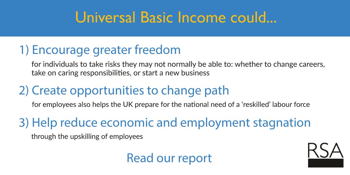 theRSAorg's tweet photo. "A Universal Basic Opportunity Fund would provide greater freedom for individuals to take risks they may not normally be able to: whether to change careers, take on caring responsibilities, or start a new business"
https://t.co/4dNIKs7gMT #RSAInsecurity #UBI https://t.co/fvYfFcNWr4