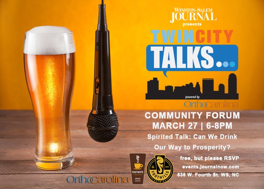 WSJpromo's tweet image. RSVP: The next free @twincitytalks Forum will be held March 27 at the new @FoothillsBeer Footnote Coffee and Cocktails Event Venue! Topic &amp;gt; Spirited Talk: Can We Drink Our Way to Prosperity? ow.ly/pVA830iml6H  #wsnc Powered by @OrthoCarolina