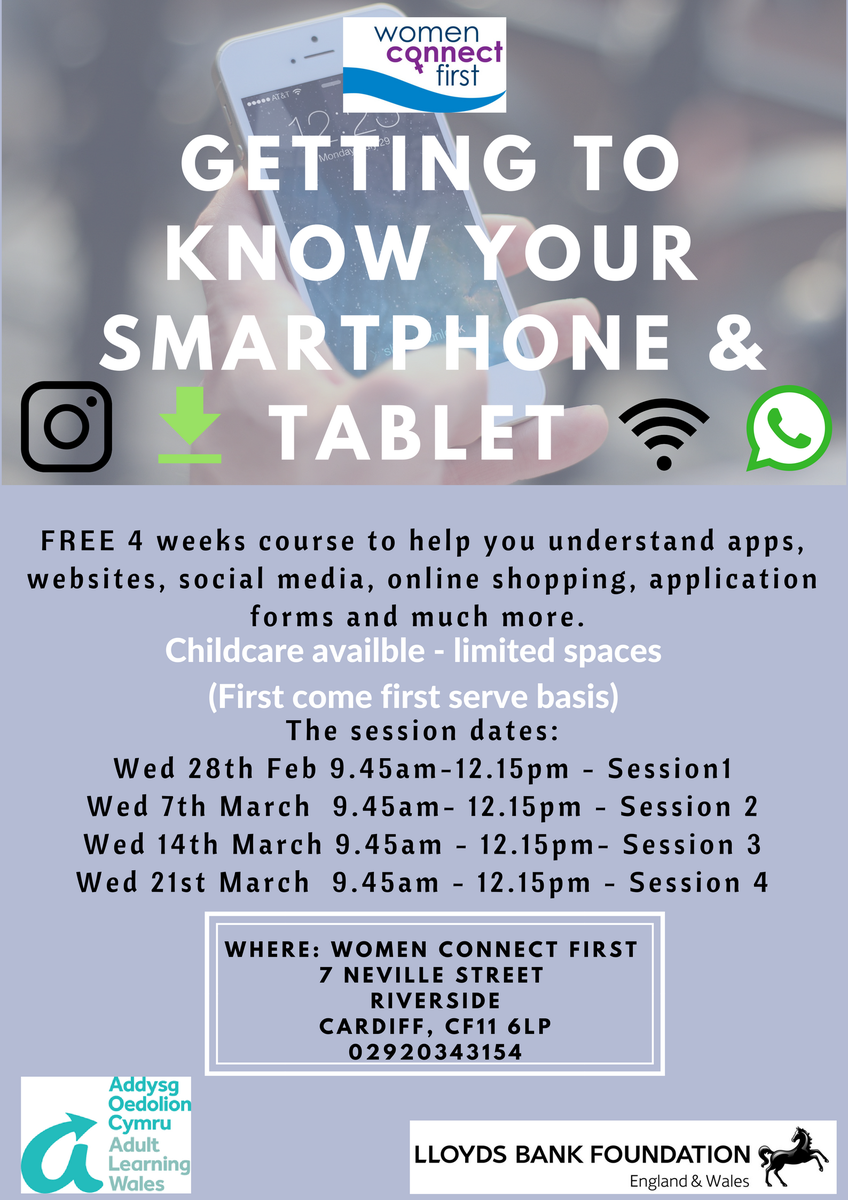 Women_CF's tweet photo. Getting to Know your Smartphones and Tablets Course

The course will be starting from Wednesday 28th February and running for 4 weeks

The course is delivered by @alwcymru Adult Learning Wales and supported by volunteers from @LBFEW @Lloydsbank Cardiff https://t.co/lE8RyrBoJC