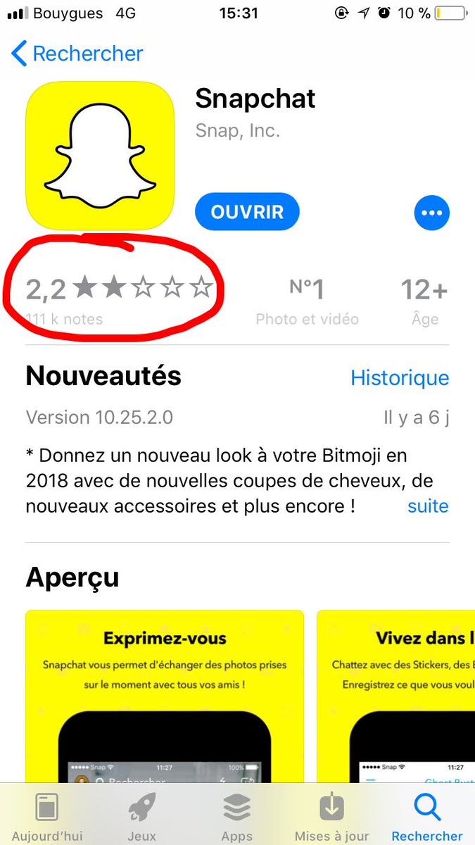 elybouille_'s tweet photo. Bah alors @Snap ça fait quoi de passer de 4 étoiles à 2,2 juste pour cette mise à jour ? https://t.co/jeDFqc7BKI