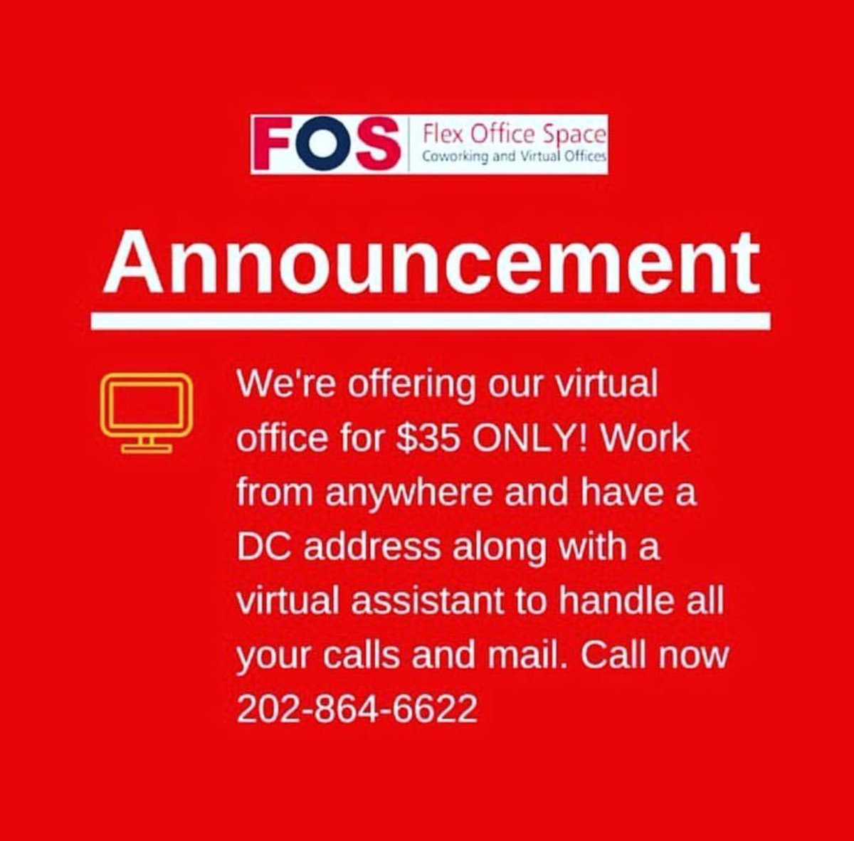 Working abroad or out of state but need a physical DC address to conduct business in the U.S. capital! Become a FOS Virtual Client where you will receive a Washington, DC address as well as mail management services for your business for only $35 a month! flexofficespace.com