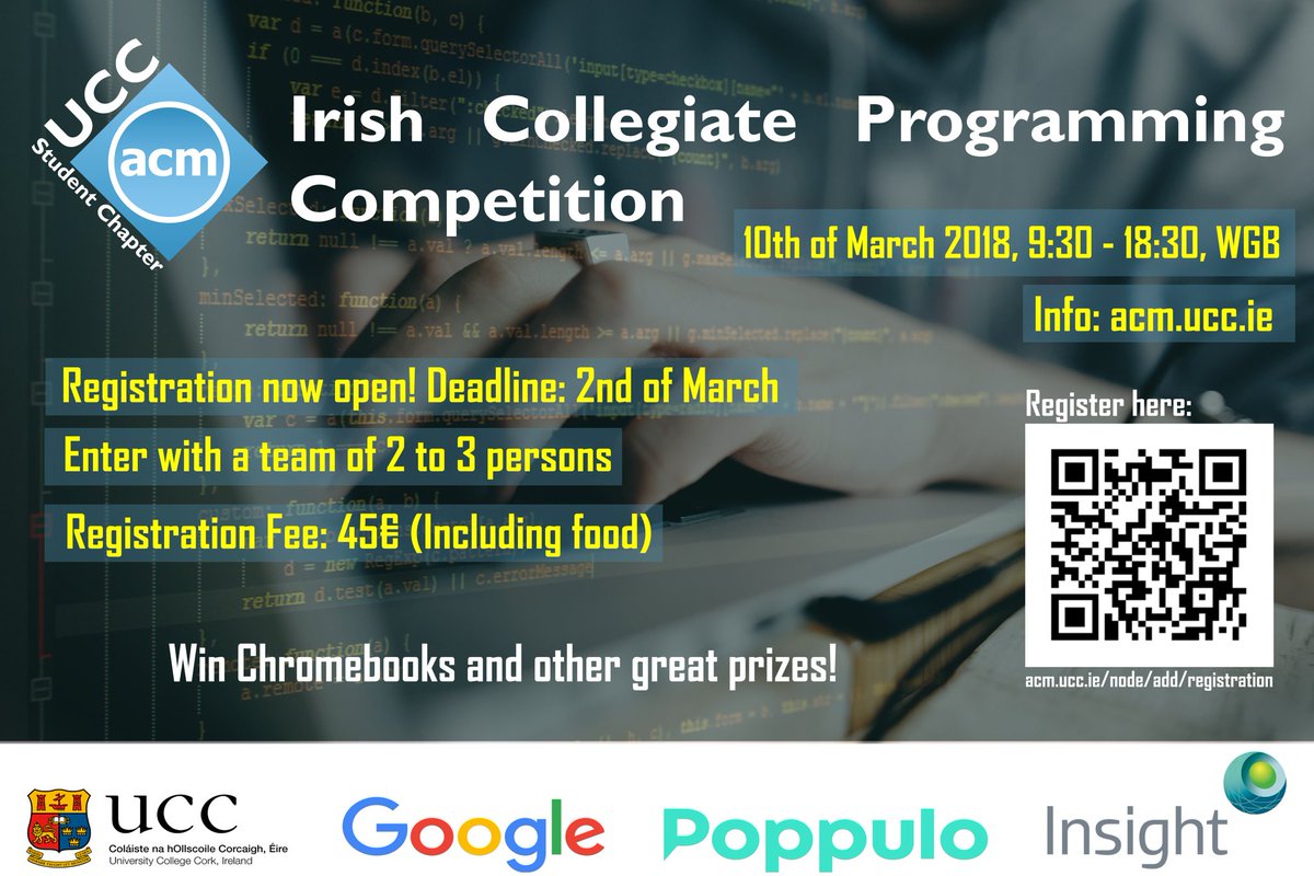 The IrlCPC national tournament registration is underway. Make sure to register at acm.ucc.ie/Irish-Collegia…

#Programming #coding #tournament #Competition #UCC #Ireland #Tech