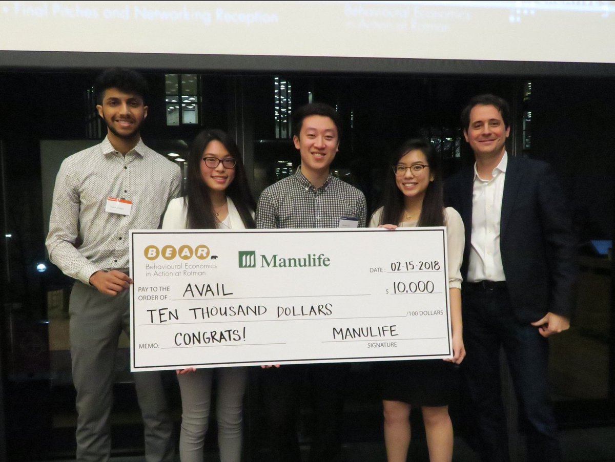 UofT_BEAR's tweet photo. Congratulations Team #AVAIL for winning #MSC2018 @Manulife New Product Challenge! π₯ππ The ideas and pitching by all 6 finalist teams were incredible last night. Great job everyone! ππ #MarketforSelfControl #BehaviouralEconomics #Entrepreneurship https://t.co/HxT2Zcc8qQ