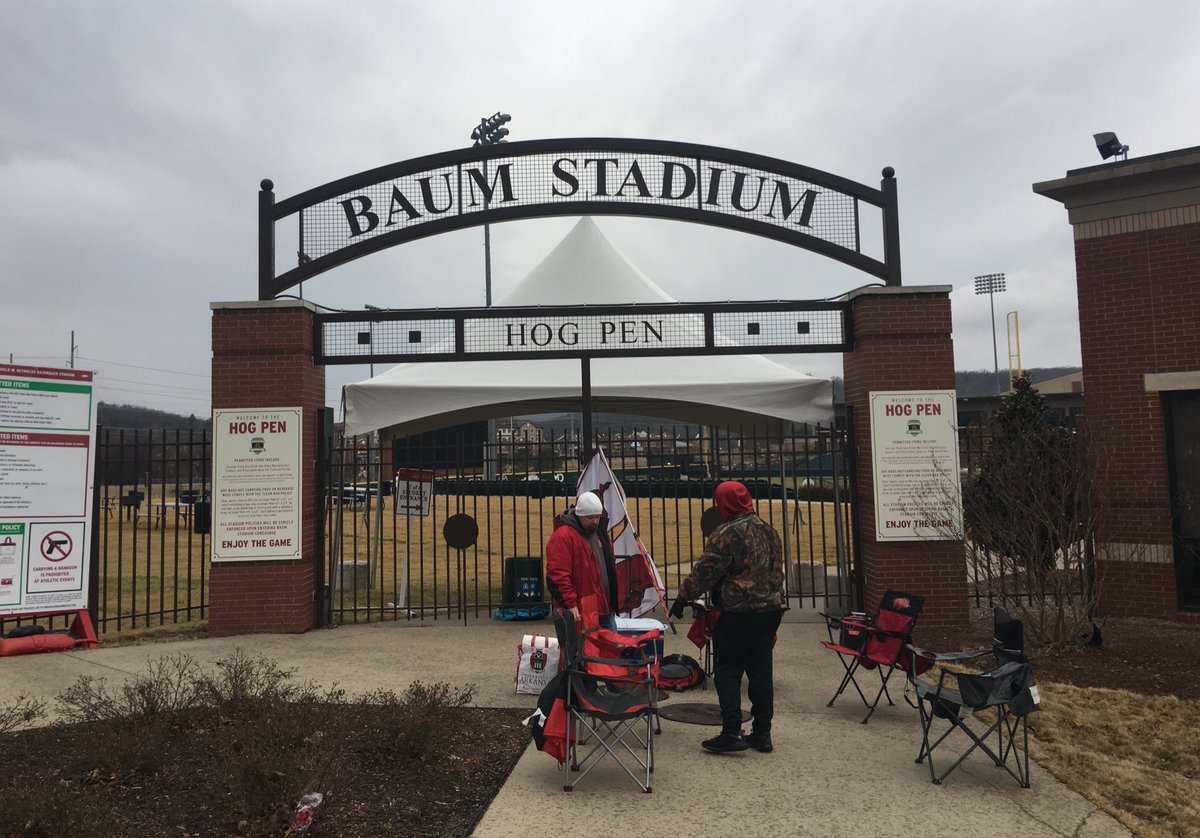 Arkansas Baseball fans are lining up to get first pick in the Hog Pen! It is COLD but they say oh well it’s tradition.